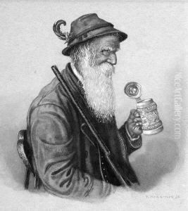 P. Jr. "jager Mit Bierkrug". Aquarell. Sign. Ba: 19,5 X 18 Cm. Rahmen by Peter I Kramer
