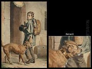 Willkommen, Wanderer Mit Rucksack Und Wanderstab Vor Einer Turmit Hund Willkommen, Wanderer Mit Rucksack Und Wanderstab Vor Einer Turmit Hund