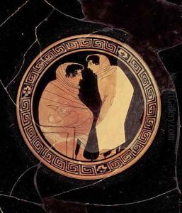 Attic red-figure kylix depicting a conversation between to male figures, c.450 BC by Circle of the Penthesilia Painter