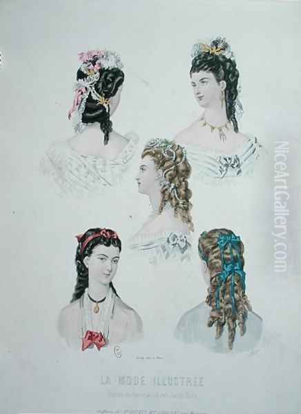 Hairstyles with ribbons, illustration from 'La Mode Illustree', 1872 - view 1