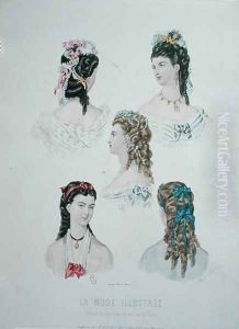 Hairstyles with ribbons, illustration from 'La Mode Illustree', 1872