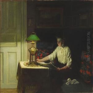 Interior With Woman Readingby The Lamp Light