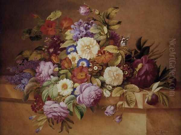 Roses, Convolvuli and other Flowers on a Ledge - view 1