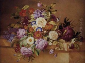 Roses, Convolvuli and other Flowers on a Ledge by Alexandre Couronne