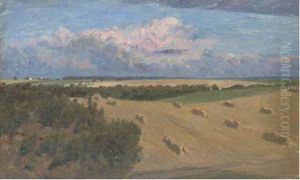 Hay Stooks In A Summer Landscape by Fritz Kraul