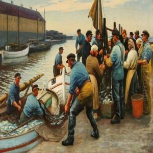 Harbour Scene Fromchristianso Island With Fishermen On The Quay by Emil Axel Krause