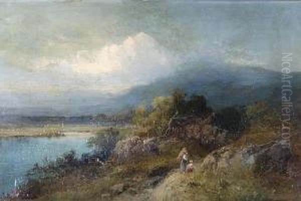 Lakeside Scene With Mother And Child Gatheringfirewood On A Wooded Path - view 1
