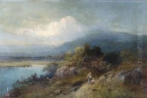 Lakeside Scene With Mother And Child Gatheringfirewood On A Wooded Path