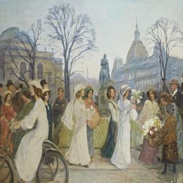 Young Girls Parading Theirspring Gowns On Kongens Nytorv In Copenhagen - view 1
