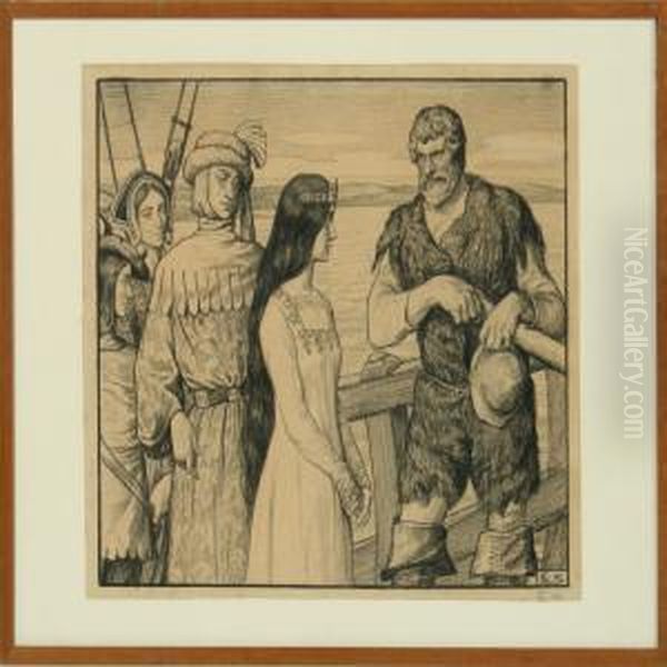 Danish Middle Ages Scenery With A Woman And Party On Board A Ship. Signed E. K - view 1