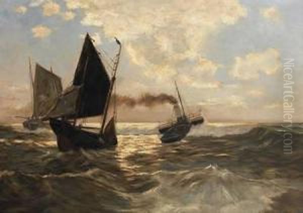 Morgendlichemarine Mit Segelbooten Und Dampfer - view 1