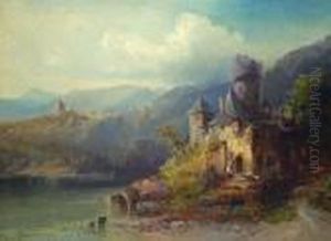 Gebirgslandschaft Mit See Und Burg by Franz Emil Krause