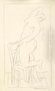 A Female Nude Kneeling On A Chair by Rudolf Kremlicka