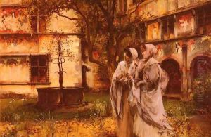 Elegant Travellers in an Italian Cloister by Vittorio Cavalleri