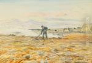 Olandskt Landskap Med En Man Som Eldar Gras by Nils Kreuger