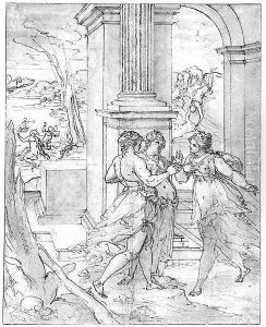 Three Women under a Portico, with Jupiter as a Swan flying towards Leda by Giovanni B. (Il Genvovese) Castello