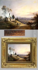 Weite Abendlandschaft Mit Brennendem Haus by Vincenz Kreuzer