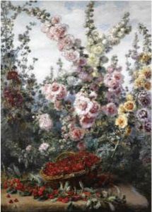 Roses, Hollyhocks And Cherries by Alexis Kreyder