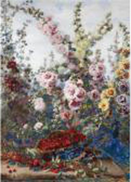 Cherries And Hollyhocks - view 1