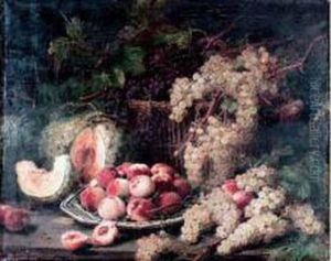 Corbeille De Raisins, Assiette De Peches Et Melon