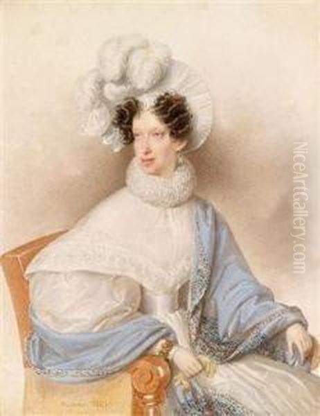 Bildnis Einer Dame In Weisemkleid Und Hellblauen Umhang Mit Federhut - view 1