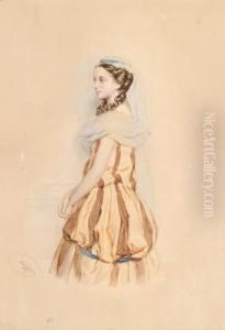 Bildnis Einer Stehenden Dame In Gestreiftem Kleid by Josef Nikolaus Kriehuber