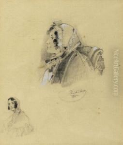 Two Female Portrait Studies On One Sheet, 1842. by Josef Nikolaus Kriehuber