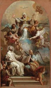 The Virgin in mourning appearing in a vision to Saint Bruno, the dome of St. Peter's beyond a bozzetto by Placido Costanzi