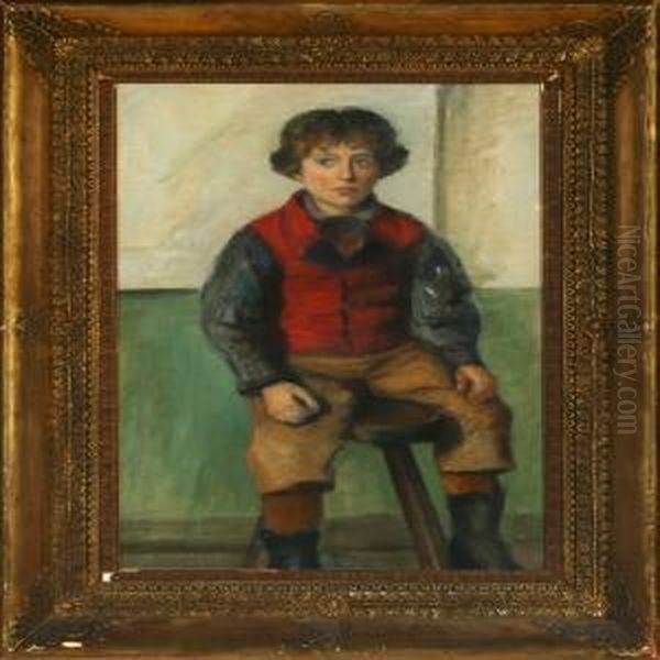 A Boy Wearing A Red Waistcoat Sitting In A Chair - view 1
