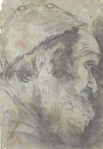 Head of a bearded man in a cap, in profile to the right by Giacomo Cavedone