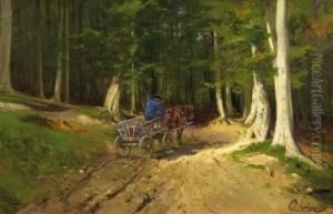 Farmer With His Wagon On The Forest Road by Christian Johann Kroner