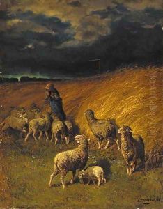 A sheperdess with her flock before a storm