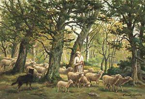 Shepherdess and Her Flock by Charles Ferdinand Ceramano