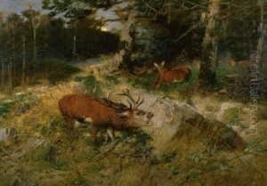 Herbstliche
Mittelgebirgslandschaft Mit Rohrendem Hirsch. Signiert Und Datiert Unten
Rechts: Ch. Kroner Dus 95. Ol Auf Leinwand. H 135; B 170 Cm. by Christian Johann Kroner