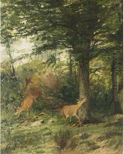 A Wooded Landscape With Deer by Christian Johann Kroner