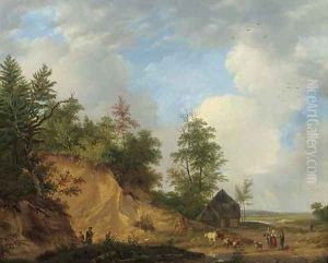 Figures conversing by a crag in a panoramic summer landscape