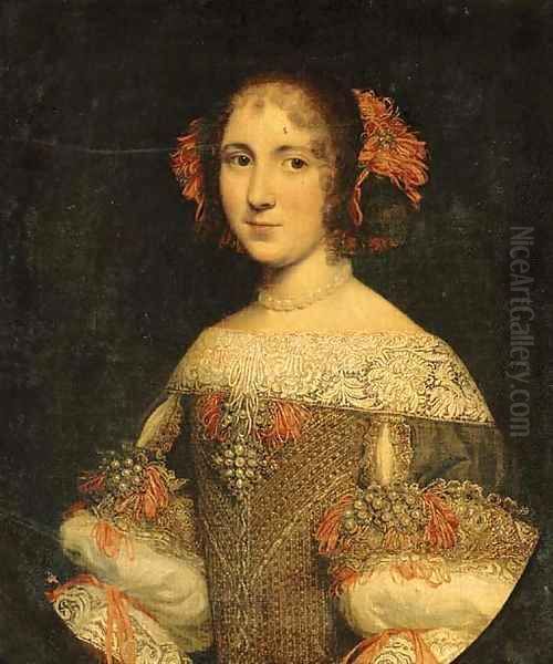 Portrait of a young lady, three-quarter-length, in an embroidered and jeweled dress with pink ribbons in her hair - view 1
