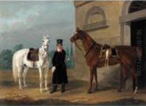 Two Saddled Mounts: A Dapple Grey And A Chestnut Horse With A Liveried Stable-hand Two Saddled Mounts: A Dapple Grey And A Chestnut Horse With A Liveried Stable-hand