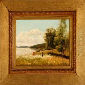 Landscape With Two Children Playing On A Field by Olof Krumlinde