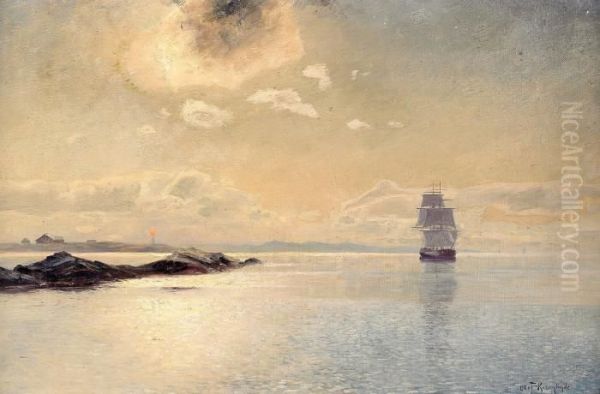 Kustlandskap Med Fartyg I Aftonrodnad - view 1