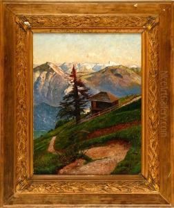An Alp Scenery With A House And A Spruce. Signed by Olof Krumlinde