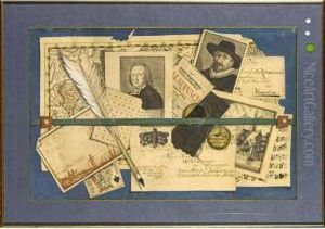 A Trompe L'oeil Still Life Of 
Playing Cards, A Map, Sheet Of Music, Portraits And A Goose-quill
