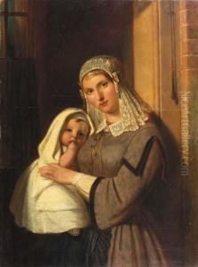 A Woman In The Regional Costume Of Gouda Holding A Child