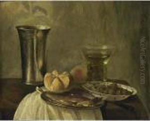 A Still Life With A Silver
Beaker, A Herring On A Pewter Plate, A Bun, A Peach, A Roemer, And
Olives In A Wan-li Bowl Together With A Knife On A Table With A White
Tablecloth A Still Life With A Silver
Beaker, A Herring On A Pewter Plate, A Bun, A Peach, A Roemer, And
Olives In A Wan-li Bowl Together With A Knife On A Table With A White
Tablecloth