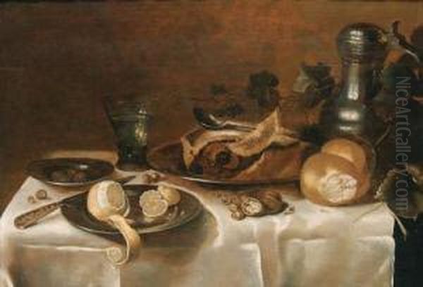 A Pie, A Bread Roll, Walnuts And
Hazelnuts, A Partly Peeled Lemonand A Knife On A Pewter Dish, A Bowl Of
Olives, A Roemer, A Pewterjug And Vine Leaves On A Partly Draped Table - view 1
