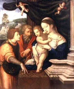 The Holy Family Being Presented with a Basket of Flowers by an Angel, on a Classical Terrace, Being a Version of the Painting by Barend van Orley in the Louvre of 1521 by (studio of) Cornelis van Cleve