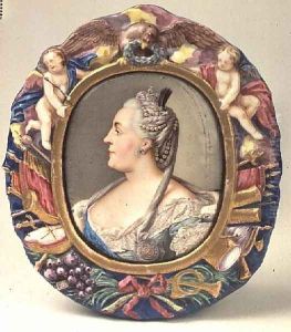 Catherine II (1729-96) after a portrait by Feodor Rokotov, enamel and copper, frame from the Imperial Porcelain Factory, St. Petersburg by Andrei Ivanovich Chernyi