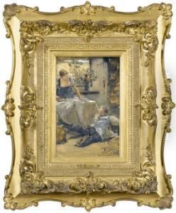 Interieur Mit Bugelnder Frau Und Gestraucheltem Herrn. by Gotthardt Kuehl