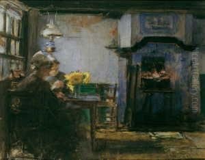 Hollandisches Interieur Mit Zwei Frauen Am Kamin. by Gotthardt Kuehl