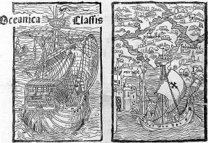 Drawing of the Santa Maria and a map describing the islands of Salvador, Espanola, Fernanda, Isabel and Conception, 1493 by Columbus, Christopher
